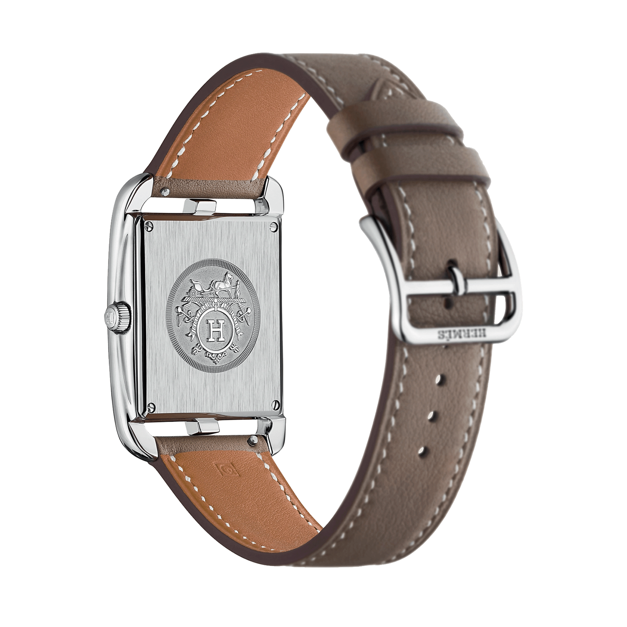Montre HERMÈS Cape Cod Grand Modèle quartz cadran argenté bracelet cuir taupe 37 mm W043640WW00