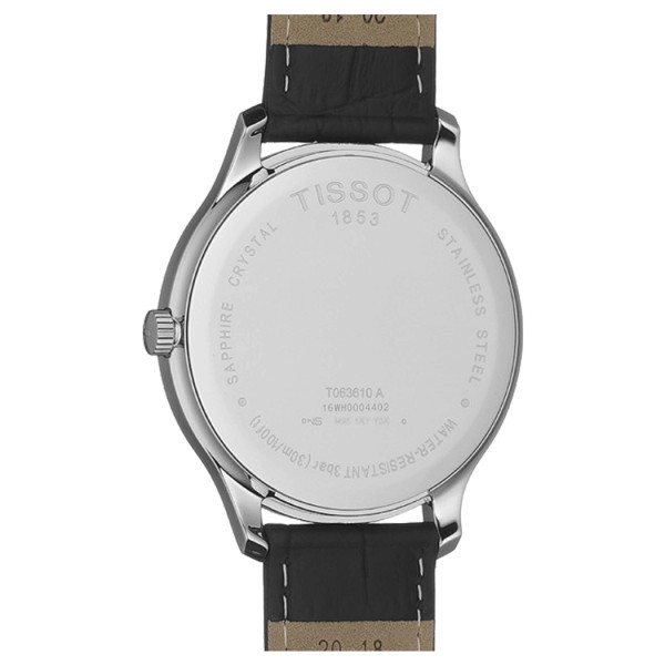Montre Tissot T-Classic Tradition quartz cadran noir chiffres romains bracelet cuir noir 42 mm T063.610.16.058.00