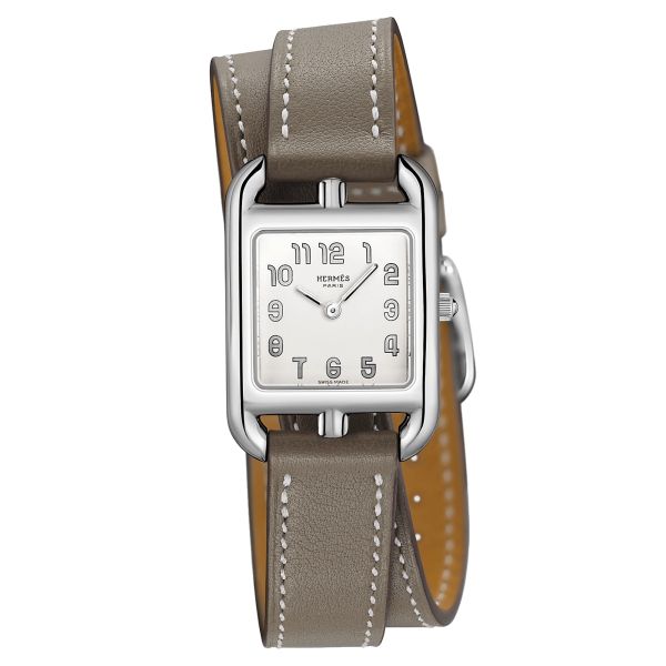 Montre HERMÈS Cape Cod Petit Modèle quartz cadran argenté bracelet double tour cuir taupe 31 mm W040246WW00