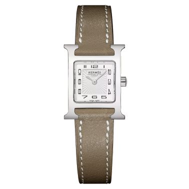 Montre HERMÈS Heure H Mini Modèle quartz cadran blanc bracelet cuir taupe 21 mm W037883WW00