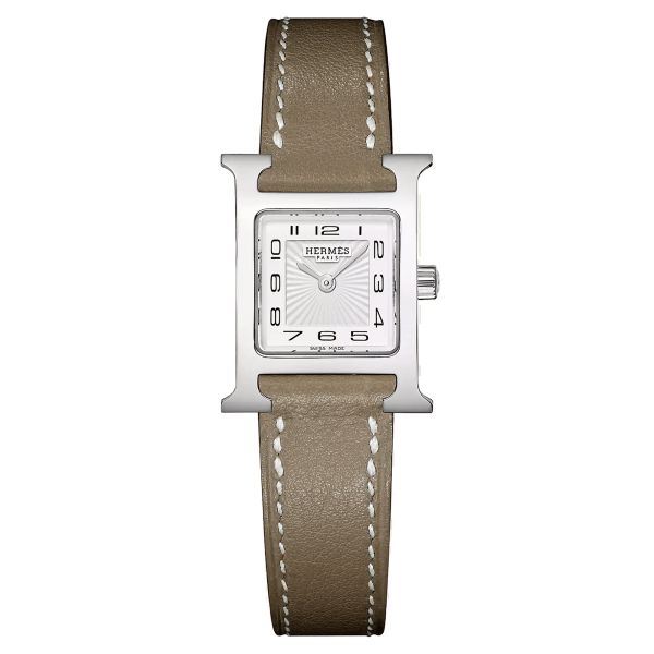 HERMÈS Heure H Mini Model quartz watch white dial taupe leather strap 21 mm