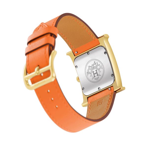 Montre HERMÈS Heure H Moyen Modèle PVD Or jaune quartz cadran blanc bracelet cuir orange 30 mm