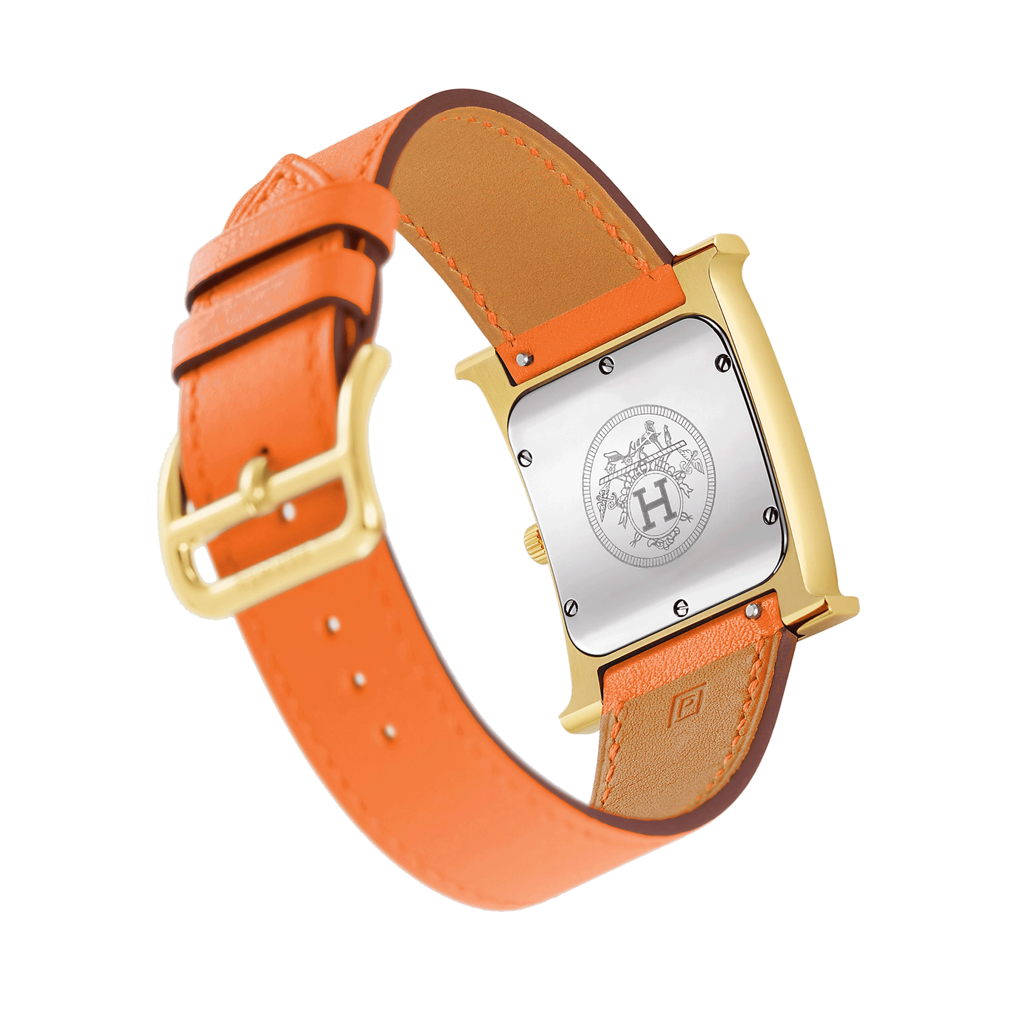 Montre HERMÈS Heure H Moyen Modèle PVD Or jaune quartz cadran blanc bracelet cuir orange 30 mm