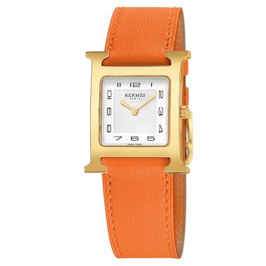 Montre HERMÈS Heure H Moyen Modèle PVD Or jaune quartz cadran blanc bracelet cuir orange 30 mm