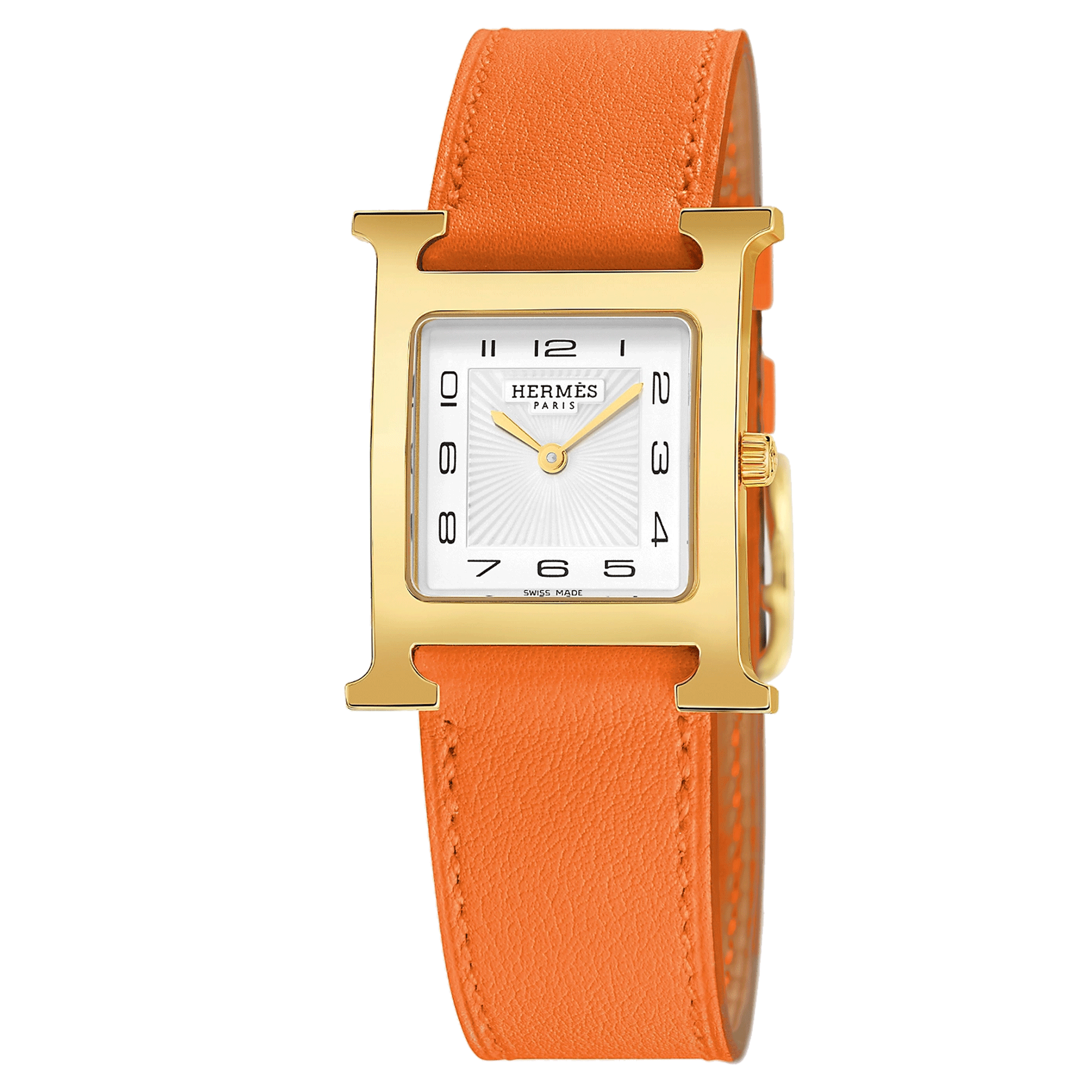 Montre HERMÈS Heure H Moyen Modèle PVD Or jaune quartz cadran blanc bracelet cuir orange 30 mm