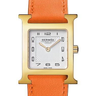 Montre HERMÈS Heure H Moyen Modèle PVD Or jaune quartz cadran blanc bracelet cuir orange 30 mm