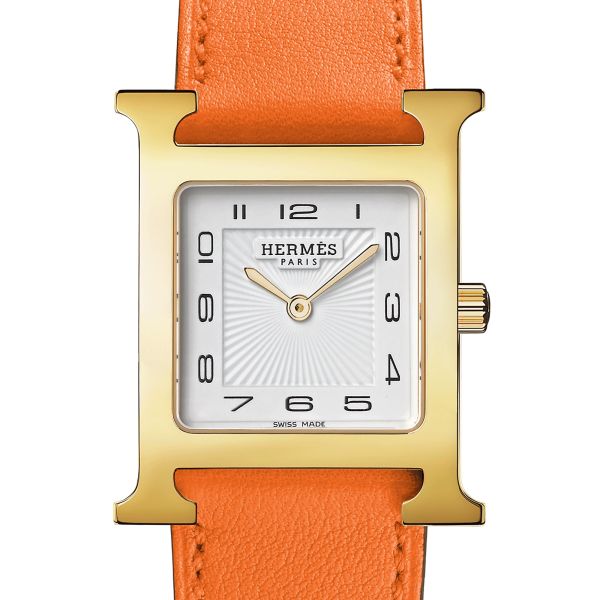 Montre HERMÈS Heure H Moyen Modèle PVD Or jaune quartz cadran blanc bracelet cuir orange 30 mm