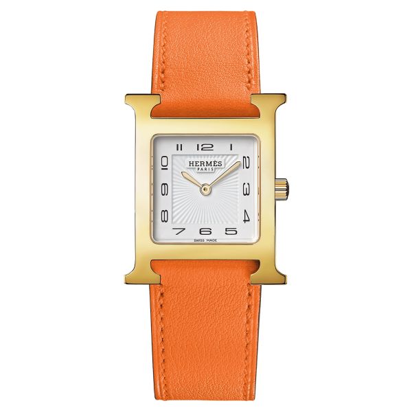 HERMÈS Heure H Medium Model PVD Yellow gold quartz watch white dial orange leather strap 30 mm