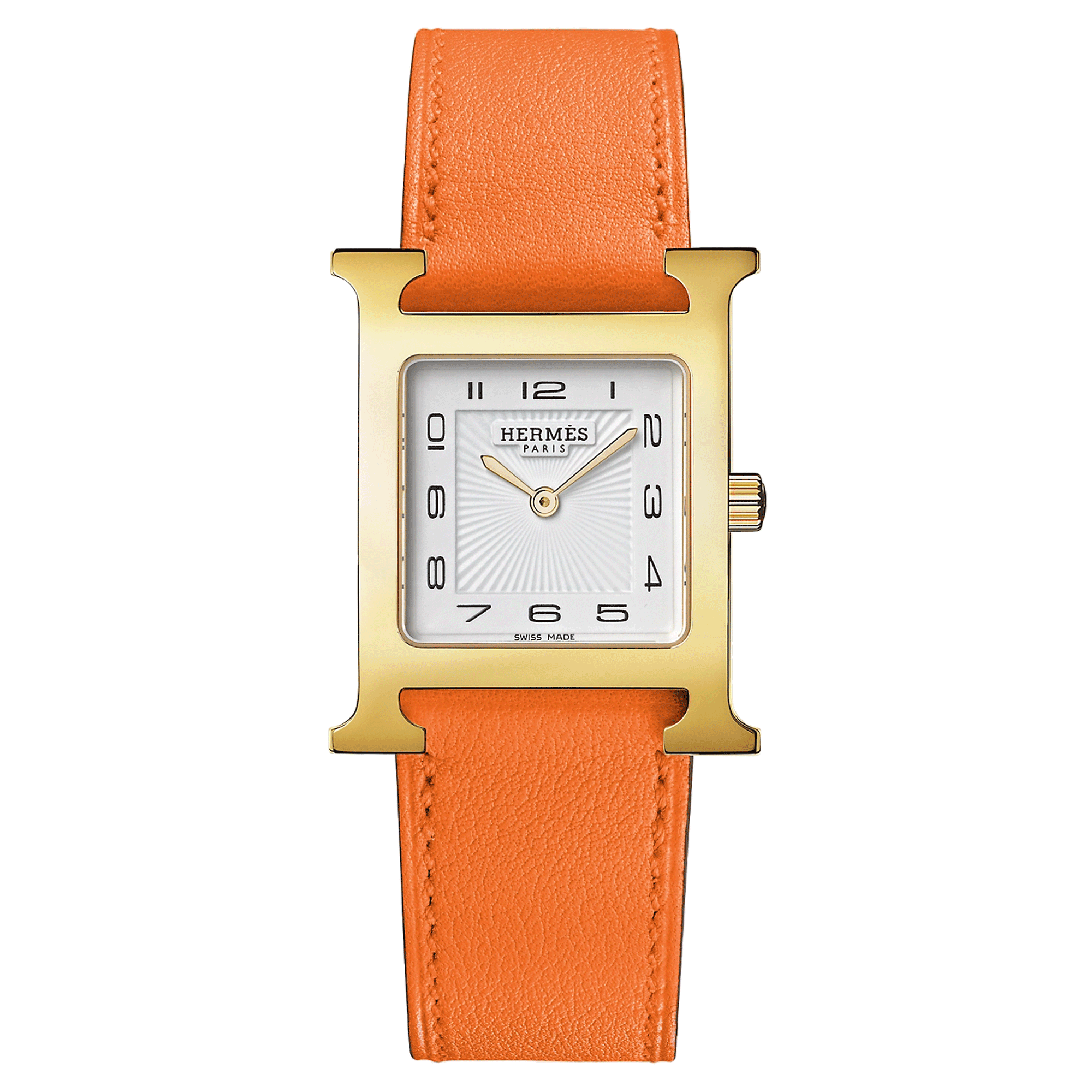 Montre HERMÈS Heure H Moyen Modèle PVD Or jaune quartz cadran blanc bracelet cuir orange 30 mm