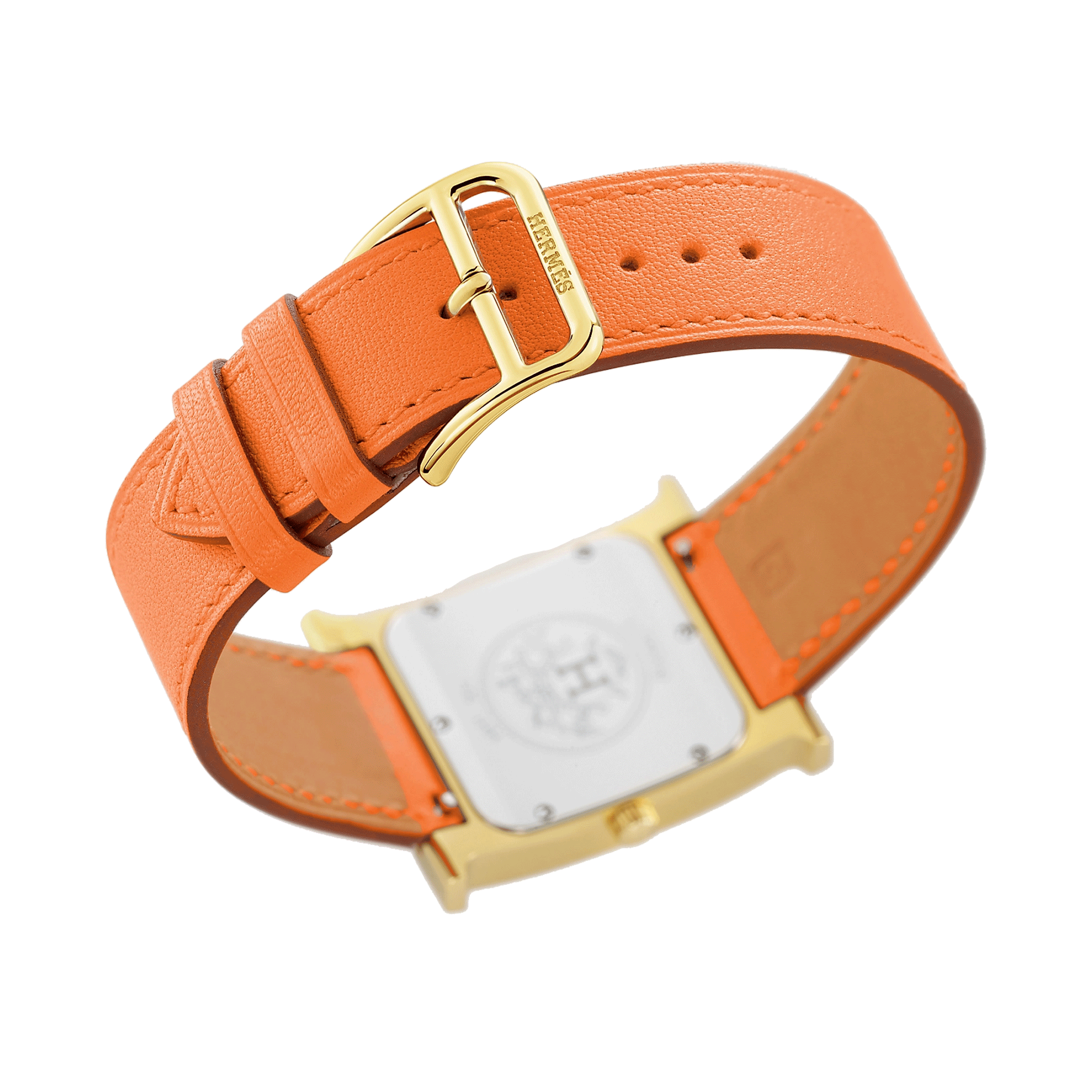 Montre HERMÈS Heure H Moyen Modèle PVD Or jaune quartz cadran blanc bracelet cuir orange 30 mm