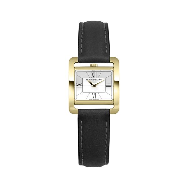 Herbelin V Avenue PVD yellow gold quartz silver dial Roman numerals leather strap 25,5 x 19 mm