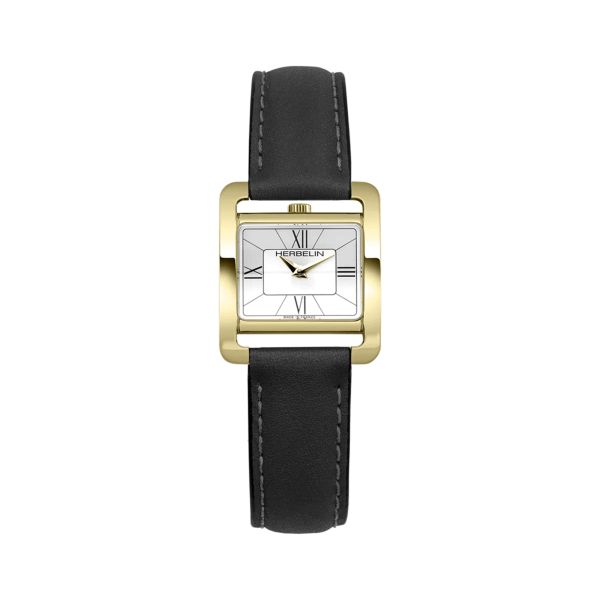 Montre Herbelin V Avenue PVD or jaune quartz cadran argenté chiffres romains bracelet cuir 25,5 x 19 mm