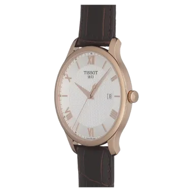 Montre Tissot T-Classic Tradition quartz acier PVD or rose cadran argent bracelet cuir brun 42 mm T063.610.36.038.00