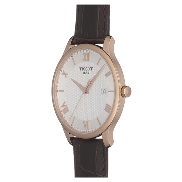 Montre Tissot T-Classic Tradition quartz acier PVD or rose cadran argent bracelet cuir brun 42 mm T063.610.36.038.00