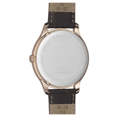 Montre Tissot T-Classic Tradition quartz acier PVD or rose cadran argent bracelet cuir brun 42 mm T063.610.36.038.00