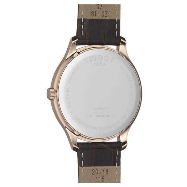 Montre Tissot T-Classic Tradition quartz acier PVD or rose cadran argent bracelet cuir brun 42 mm T063.610.36.038.00