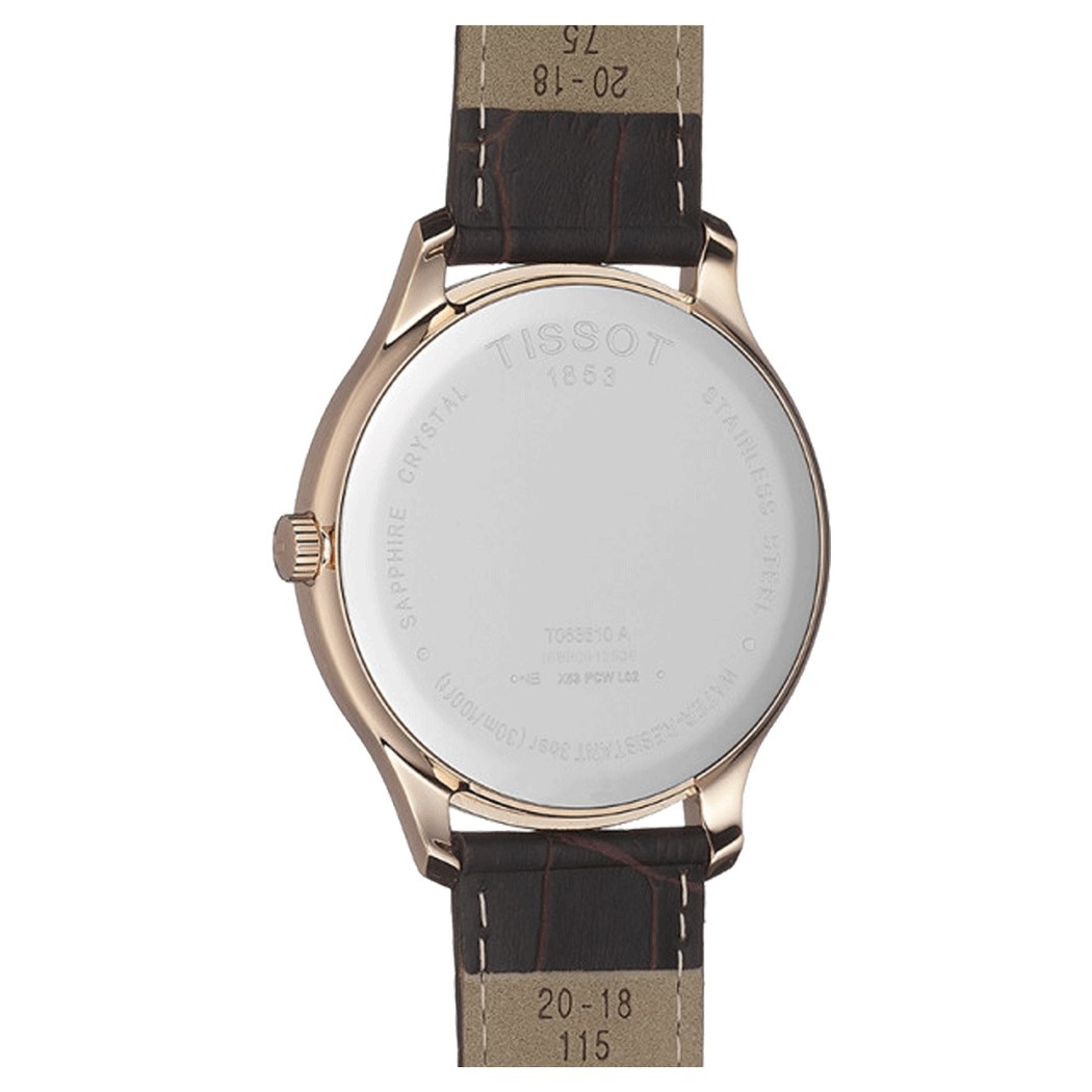 Montre Tissot T-Classic Tradition quartz acier PVD or rose cadran argent bracelet cuir brun 42 mm T063.610.36.038.00