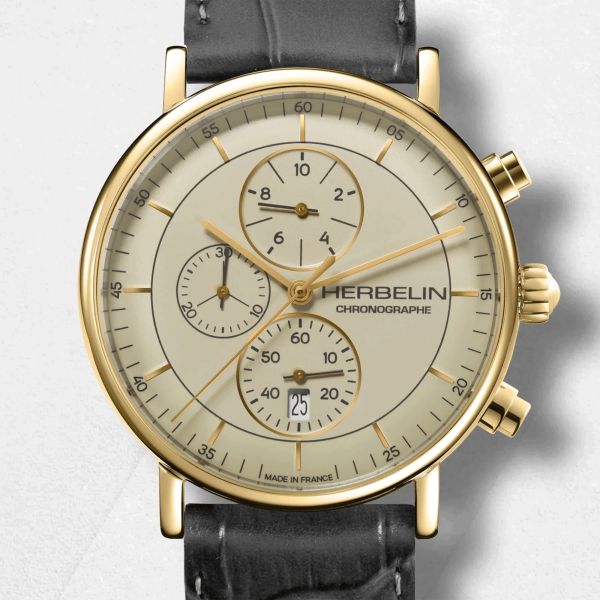 Herbelin Inspiration Chronograph quartz gold dial leather strap 40 mm
