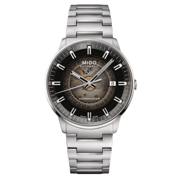 Montre Mido Commander Gradient automatique cadran squelette fumé noir bracelet acier 40 mm M021.407.11.411.00