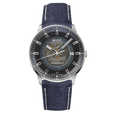 Montre Mido Commander Gradient automatique cadran squelette fumé bleu bracelet tissu bleu 40 mm M021.407.18.411.00