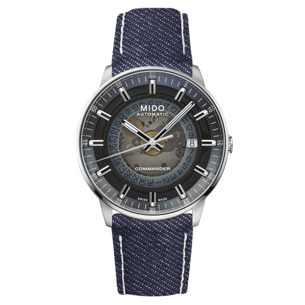 Mido Commander Gradient automatic watch blue smoked skeleton dial blue fabric strap 40 mm