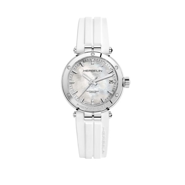 Montre Herbelin Newport automatique cadran nacre bracelet caoutchouc blanc 35 mm