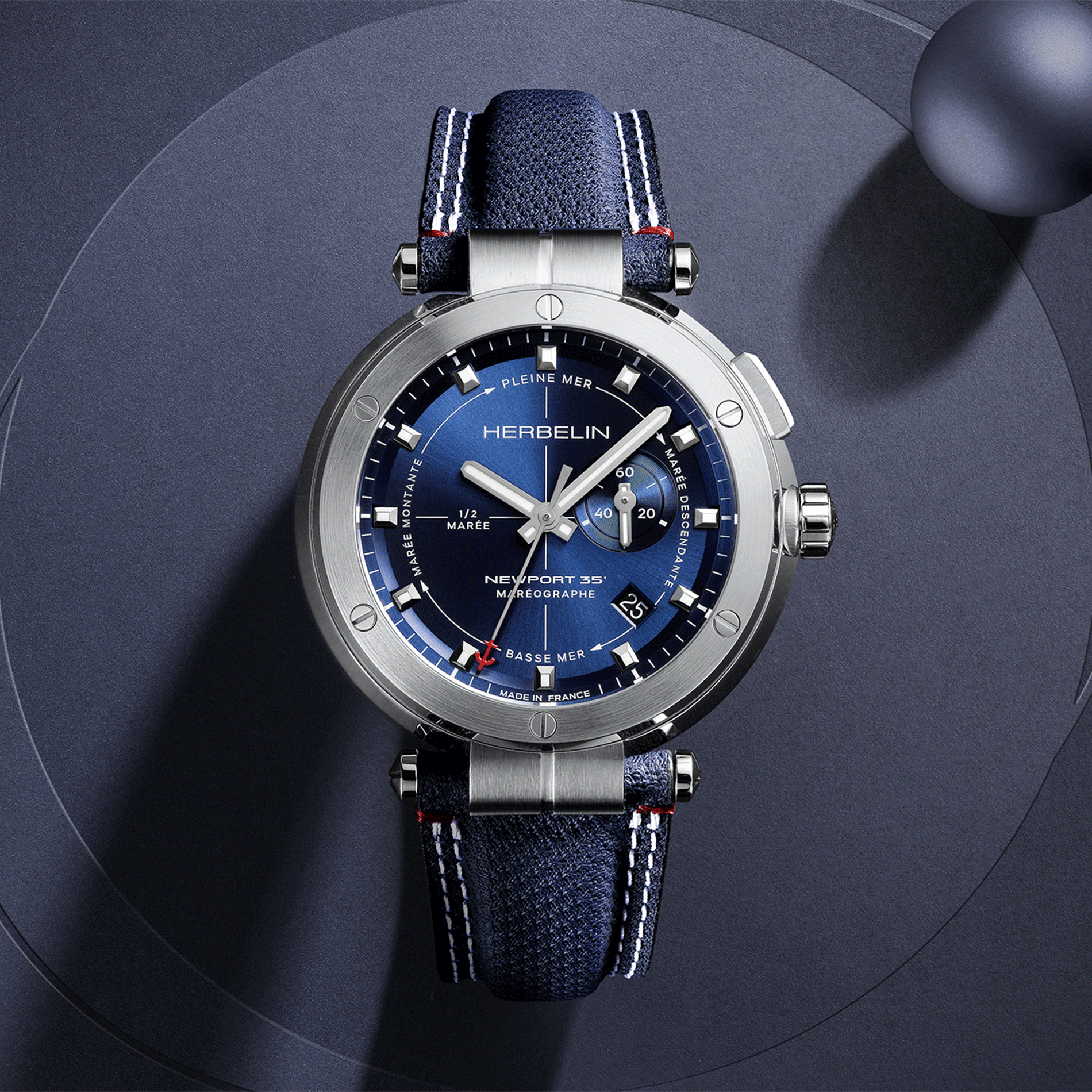 Montre Herbelin Newport Maréographe 35ème anniversaire quartz cadran bleu bracelet tissu 43 mm
