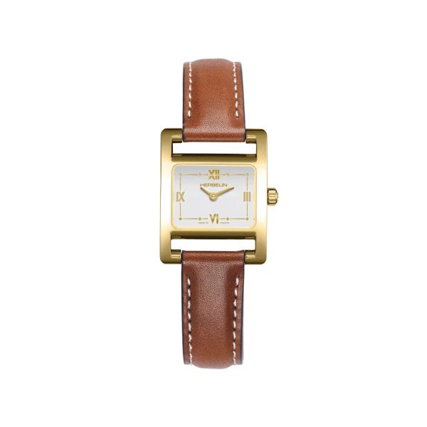 Herbelin V Avenue PVD yellow gold quartz white lacqued dial leather strap 23,4 x 19 mm