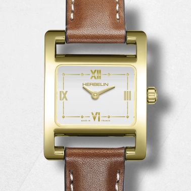 Montre Herbelin V Avenue PVD or jaune quartz cadran laqué blanc bracelet cuir 23,4 x 19 mm