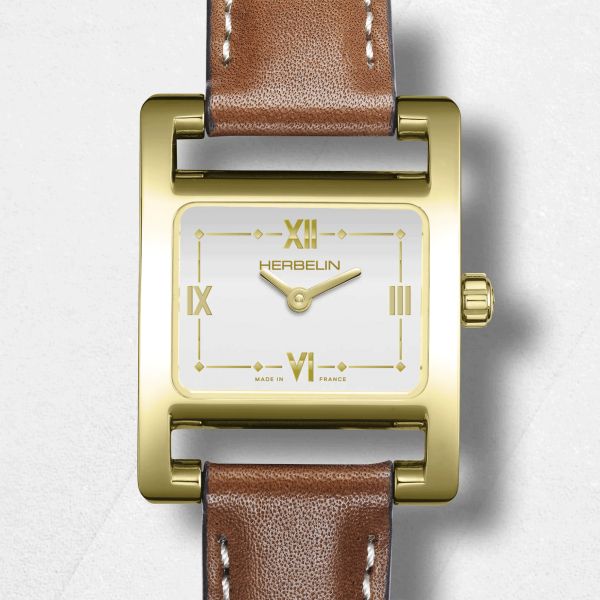 Montre Herbelin V Avenue PVD or jaune quartz cadran laqué blanc bracelet cuir 23,4 x 19 mm