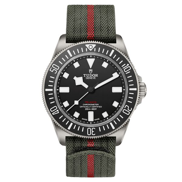 Tudor Pelagos FXD automatic watch black dial green and red fabric strap 42 mm