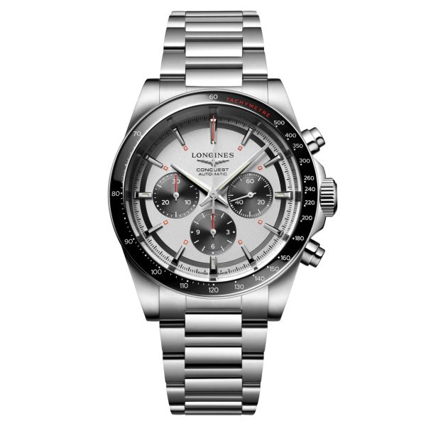 Montre Longines Conquest Chronographe 2023 automatique cadran argenté bracelet acier 42 mm L3.835.4.72.6