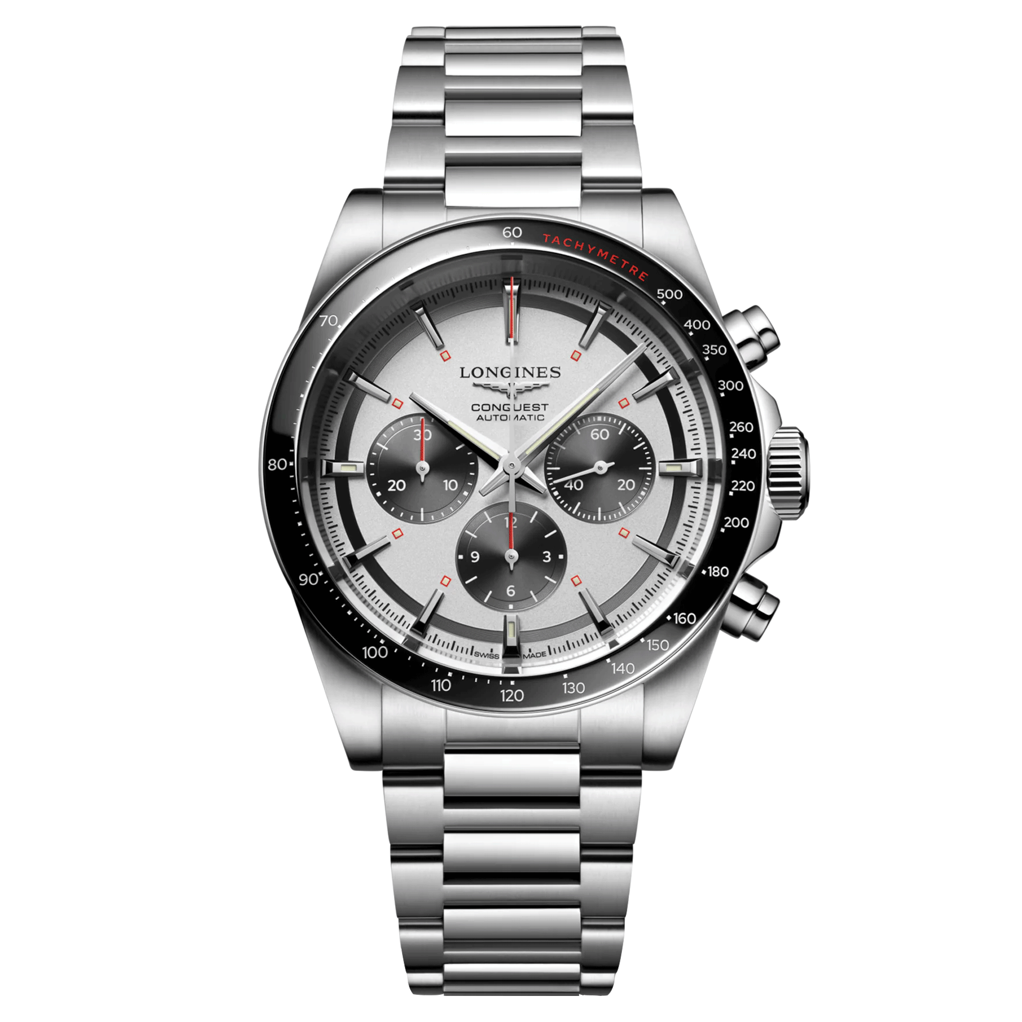 Longines Conquest Chronograph 2023 automatic watch silver dial steel bracelet 42 mm