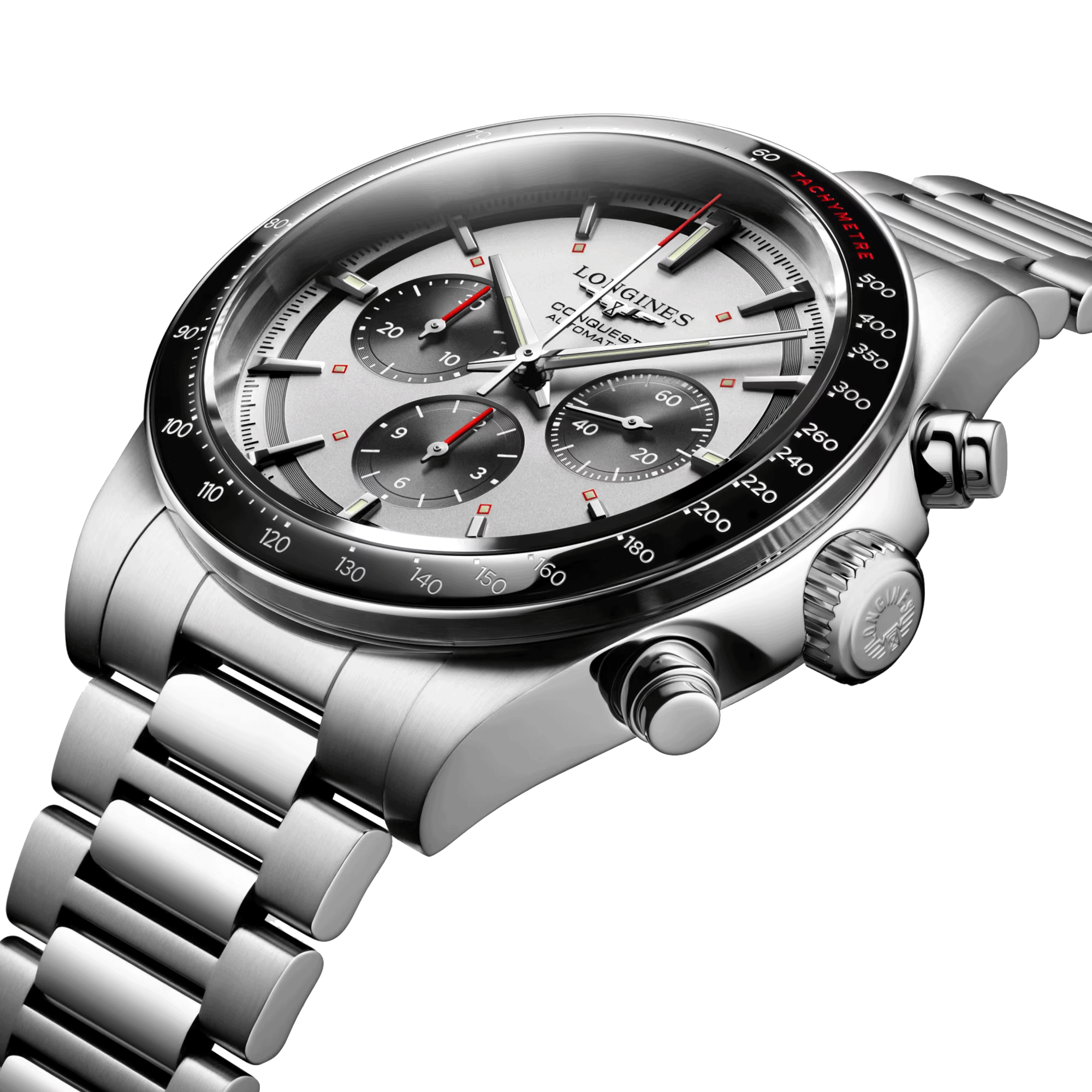 Longines Conquest Chronograph 2023 automatic watch silver dial steel bracelet 42 mm