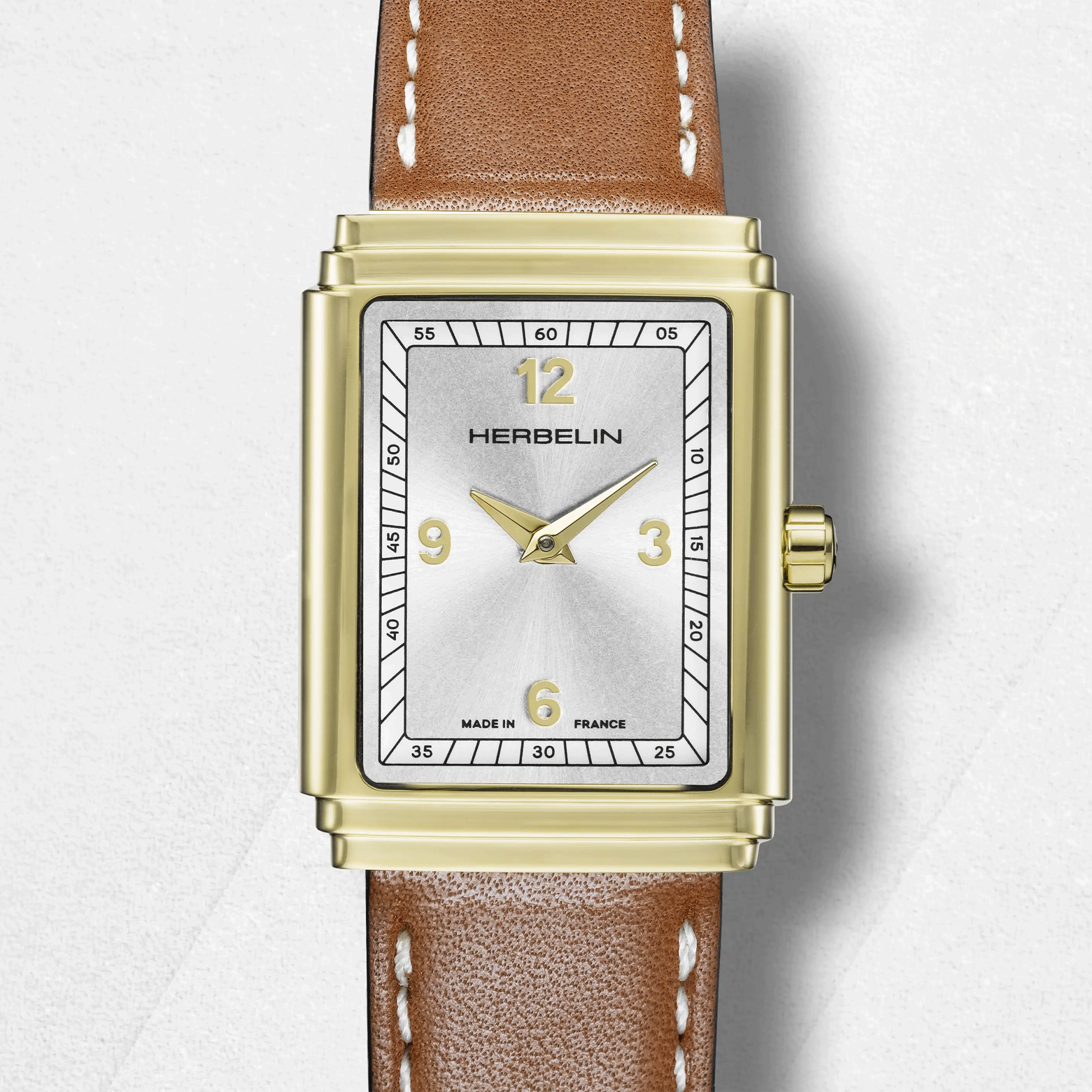 Montre Herbelin Art Déco quartz cadran argenté bracelet cuir 29,5 x 22 mm