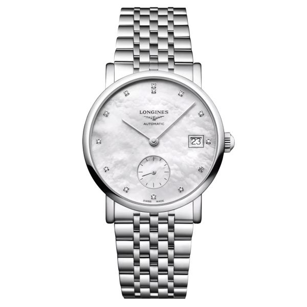 Montre Longines Elegance automatique cadran index diamants nacre blanche bracelet acier 34,5 mm