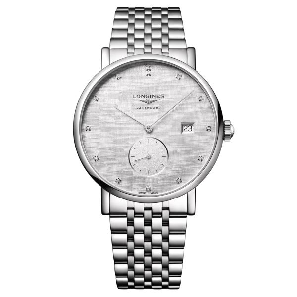 Montre Longines Elegance automatique index diamants cadran argenté bracelet acier 39 mm L4.812.4.77.6