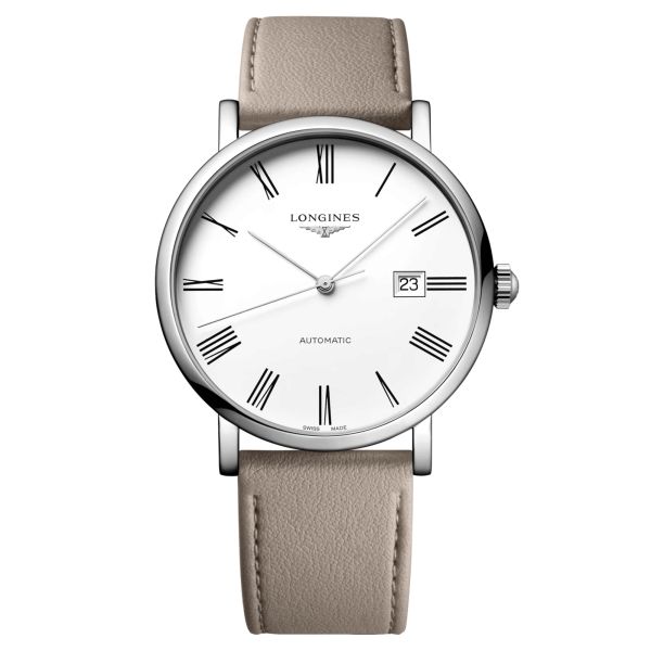 Montre Longines Elegance automatique cadran blanc bracelet cuir beige 41 mm