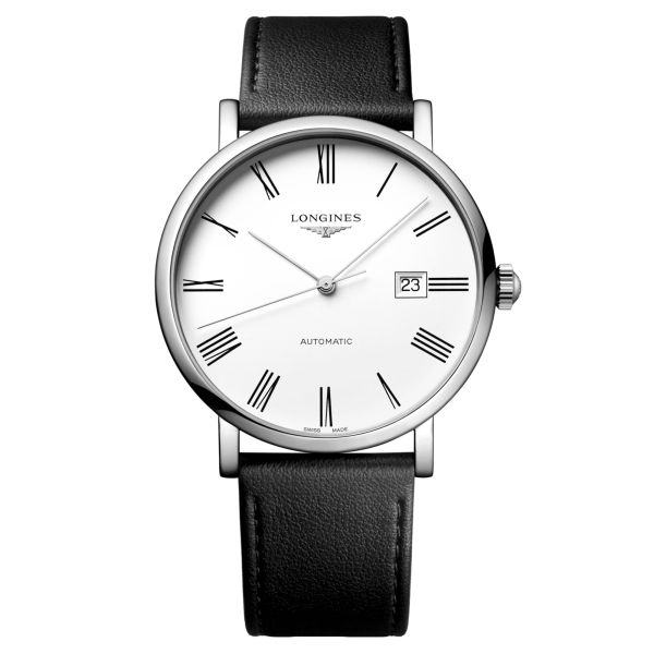 Montre Longines Elegance automatique cadran blanc bracelet cuir noir 41 mm