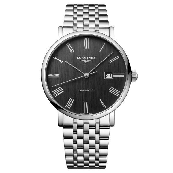 Montre Longines Elegance automatique cadran anthracite bracelet acier 41 mm