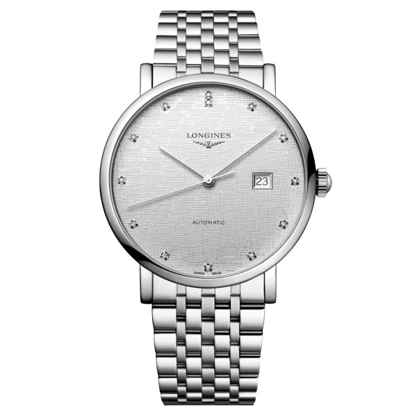 Montre Longines Elegance automatique index diamants cadran argenté bracelet acier 41 mm L4.911.4.77.6