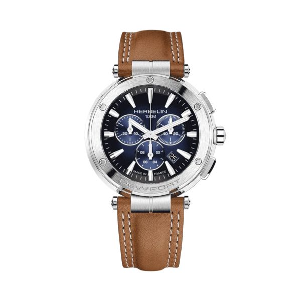 Herbelin Newport Chrono quartz watch blue dial brown leather strap 43 mm