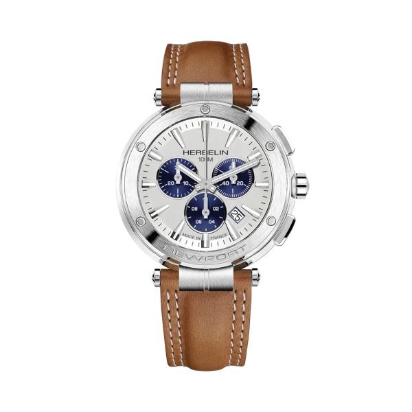 Montre Herbelin Newport Chrono quartz cadran argenté bracelet cuir 43 mm