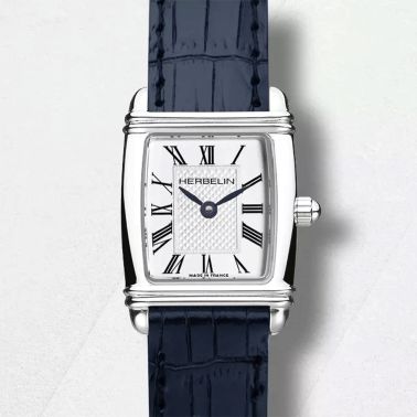 Montre Herbelin Art Déco quartz cadran argent index chiffres romains bracelet cuir 17,80 x 19,40 mm
