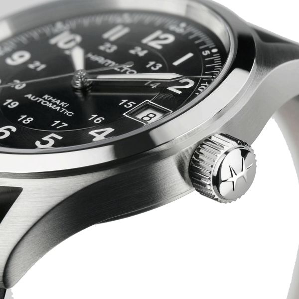 Montre Hamilton Khaki Field cadran noir bracelet cuir noir 38 mm H70455733