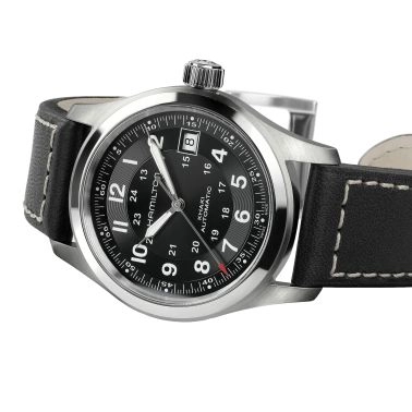 Montre Hamilton Khaki Field cadran noir bracelet cuir noir 38 mm H70455733