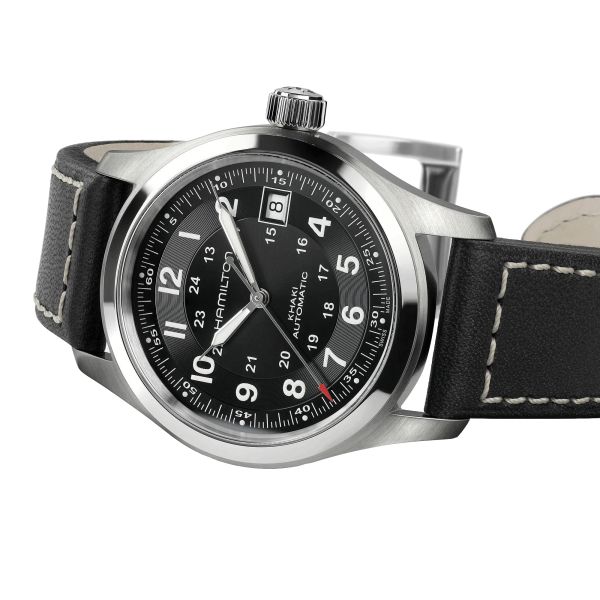 Montre Hamilton Khaki Field cadran noir bracelet cuir noir 38 mm H70455733
