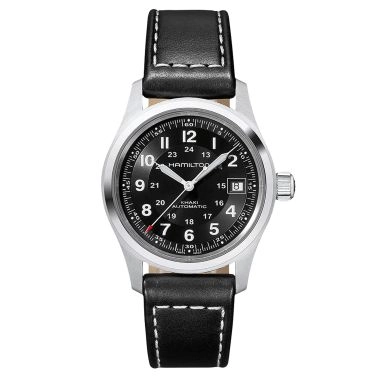 Montre Hamilton Khaki Field cadran noir bracelet cuir noir 38 mm H70455733