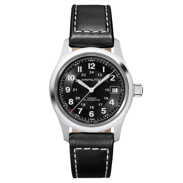 Montre Hamilton Khaki Field cadran noir bracelet cuir noir 38 mm H70455733