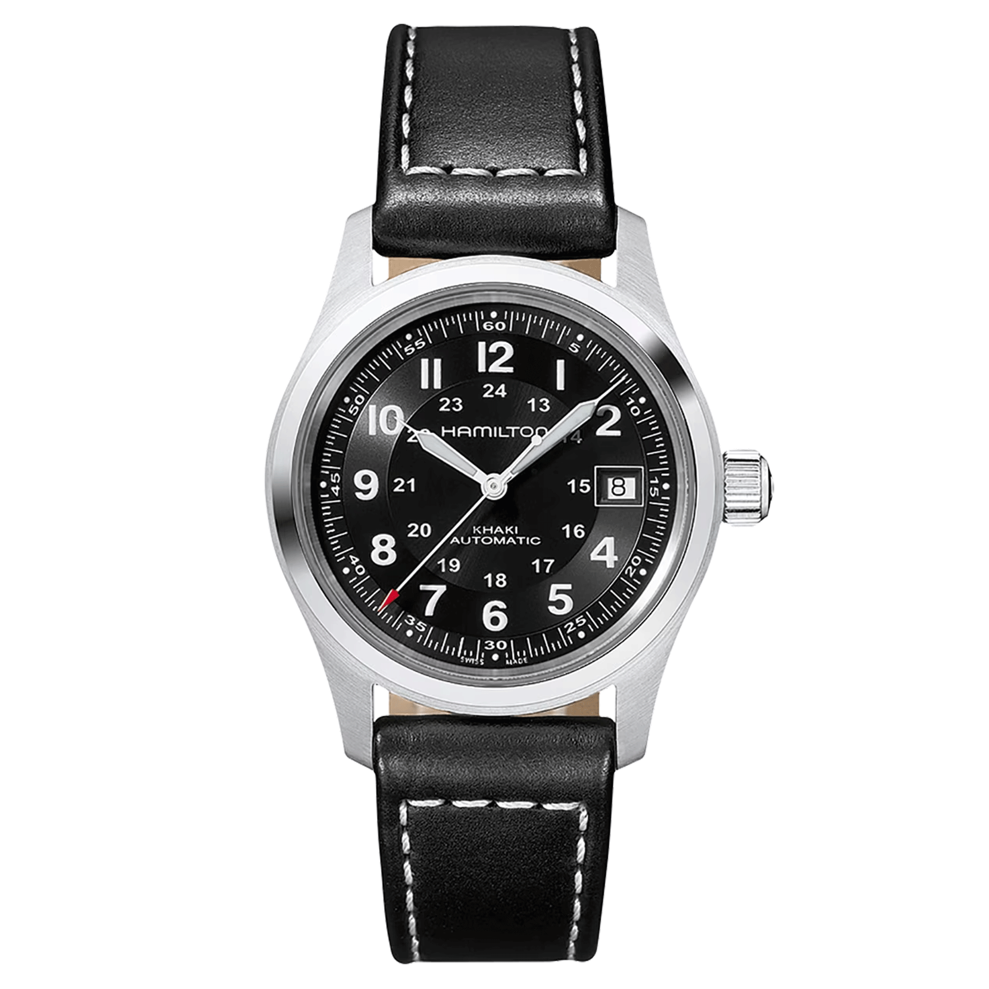 Montre Hamilton Khaki Field cadran noir bracelet cuir noir 38 mm H70455733